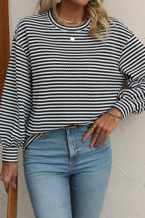 Stripe Round Neck Drop Shoulder Long Sleeve Top
